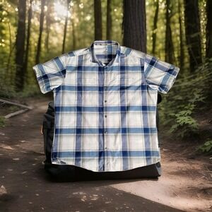 Kuhl Styk Shirt Men's XL Tapered Fit Plaid Metal Buttons Short Sleeve Gorpcore